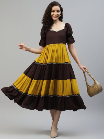 Brown & Lemon Yellow Colorblock Women's Dress