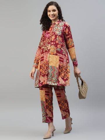 Wine Multi Printed Shirt With Pants Women's Co-Ord Set