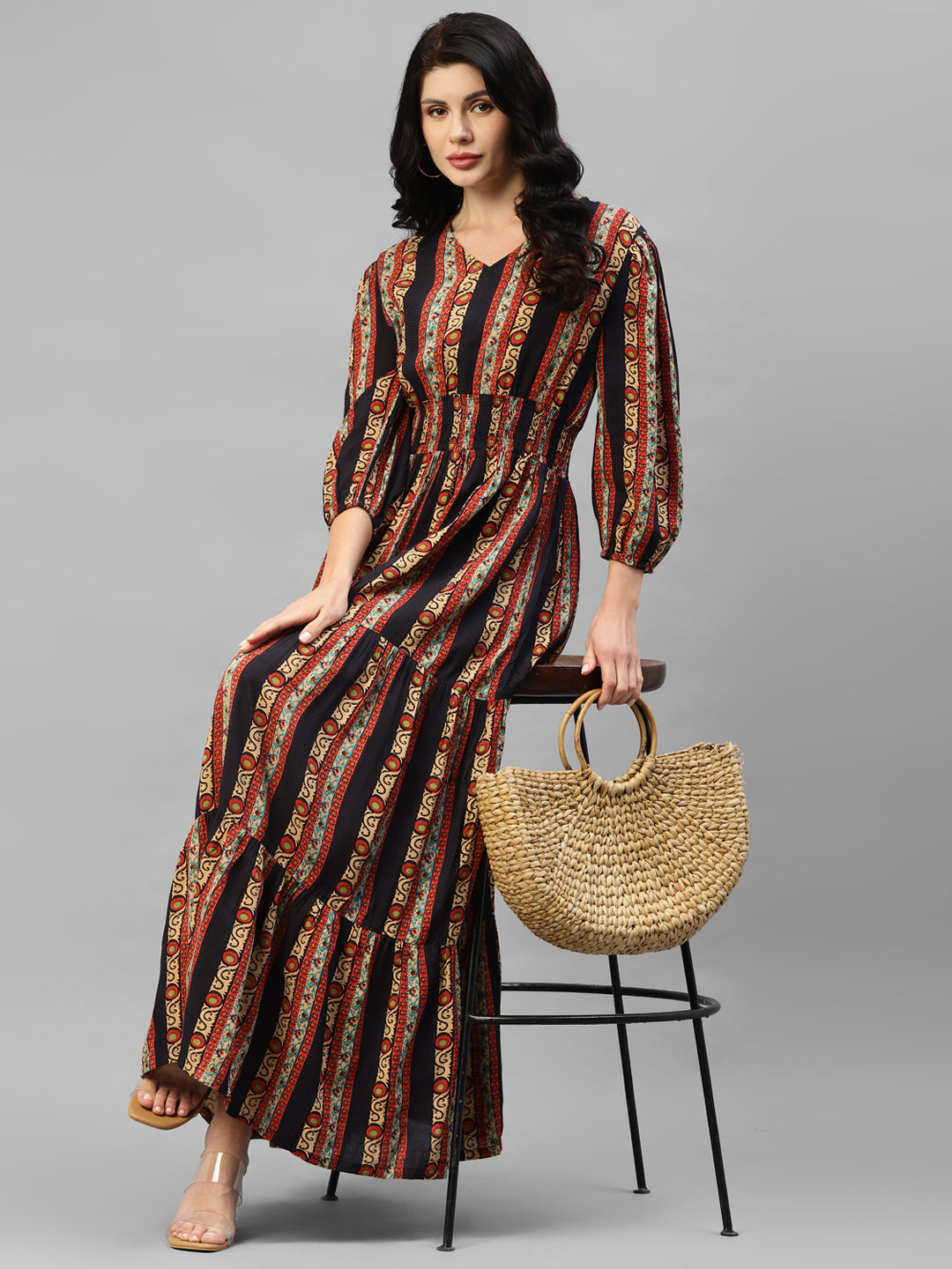 Multicolor Striped Viscose Rayon Women's Maxi Tiered Dress