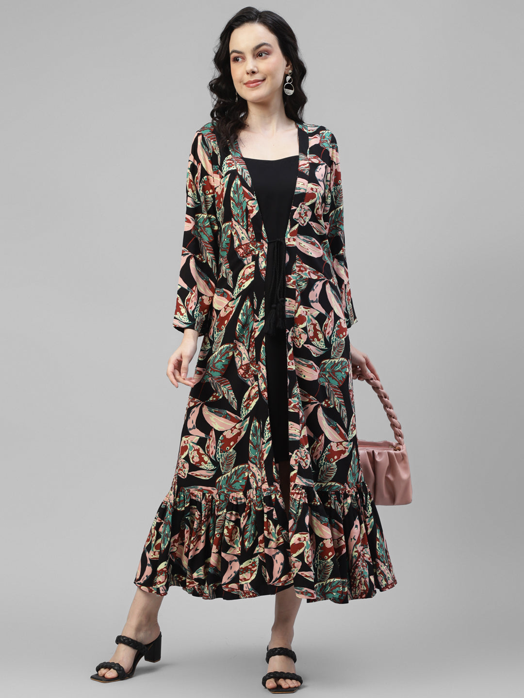 Black Midi Dress with Tiered Printed Shrug For Women