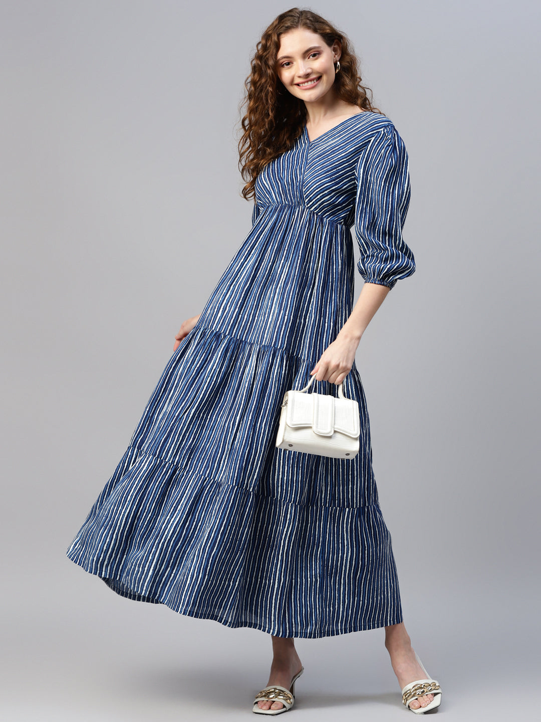 Blue Striped Tired Women Maxi Dress