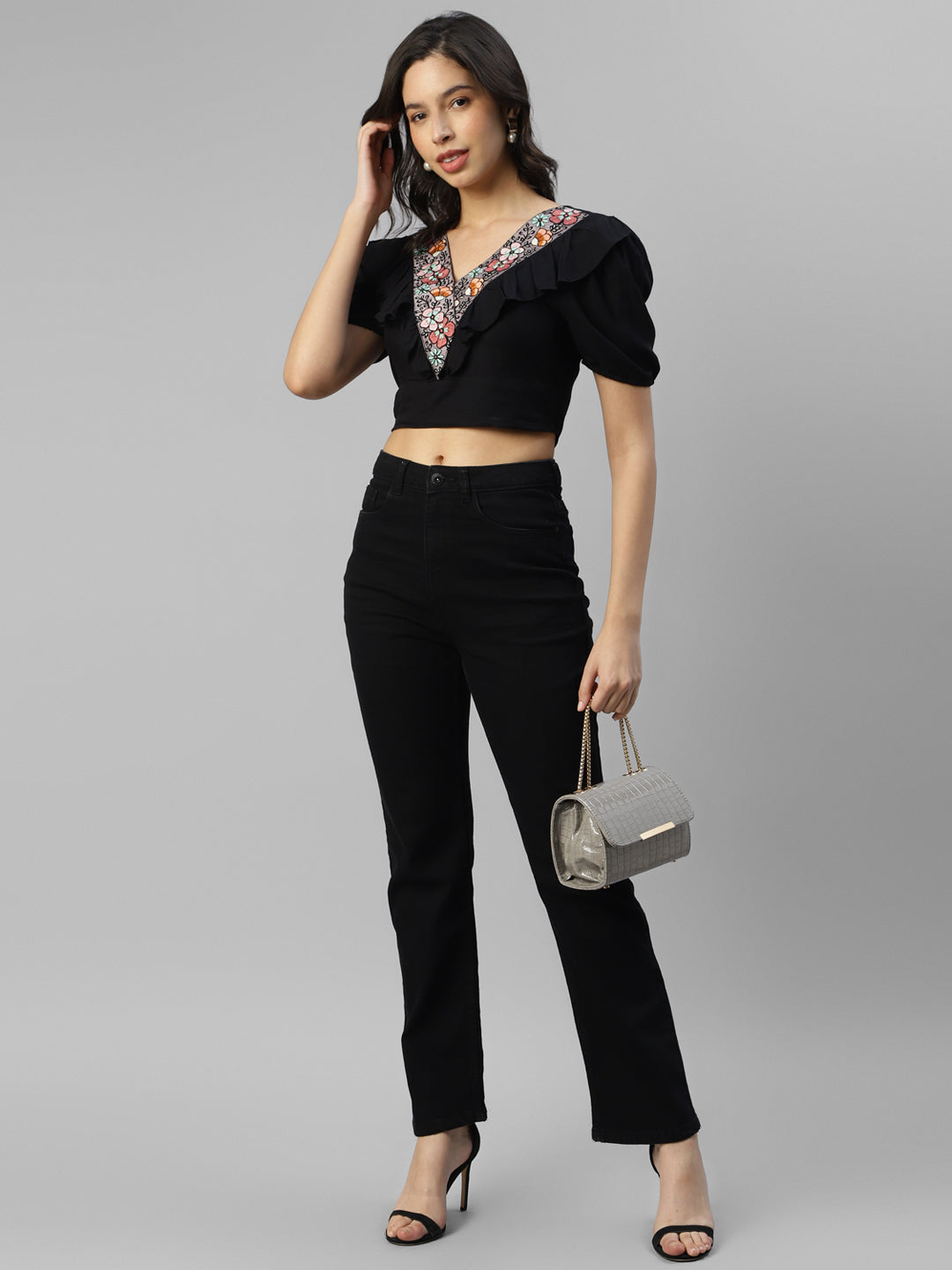 Women's Black Embroidered V-Neck Puff Sleeve Crop Top