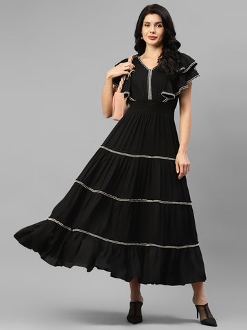 Black Tiered Flared Viscose Rayon Women's Maxi Dress