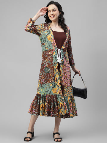 Brown Midi Dress with Tiered Printed Shrug For Women