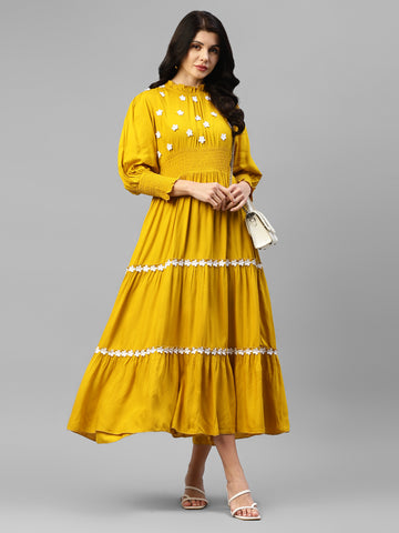 Lemon Yellow With White Embroidered Floral Viscose Rayon Women's Tiered Dress