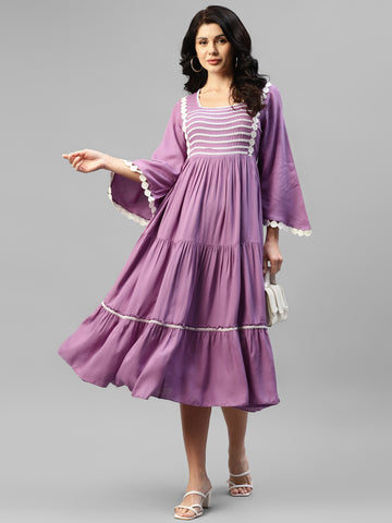 Lavender Tiered Flared Viscose Rayon Women's Dress