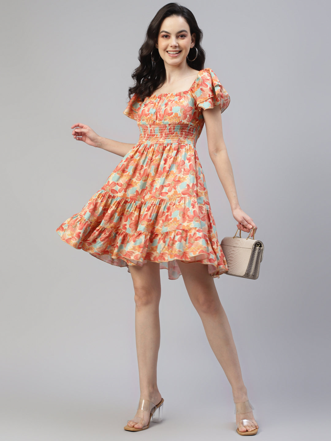 Floral Printed Tiered Women Short Dress