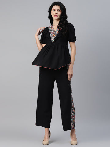 Black Embroidered Viscose Rayon Women's Co-Ord Set