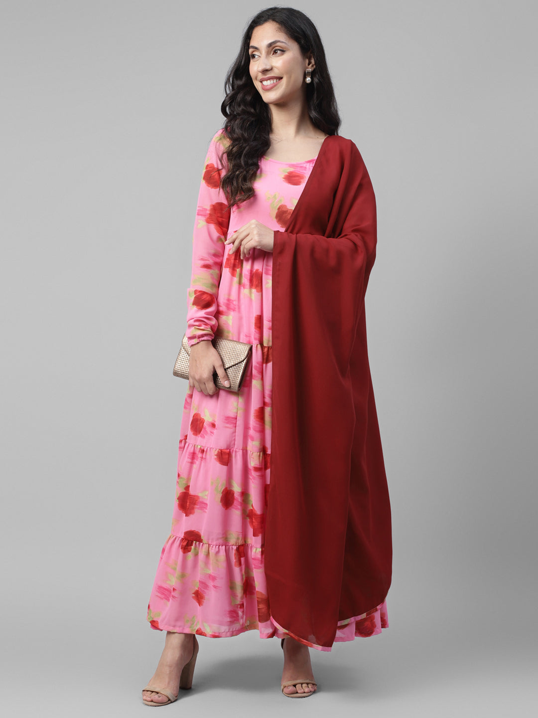 Women's Pink Floral Long Fitted Sleeve Maxi Tiered Kurta With Dupatta