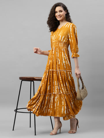 Mustard Tie & Dye Women'S Maxi Tiered Dress