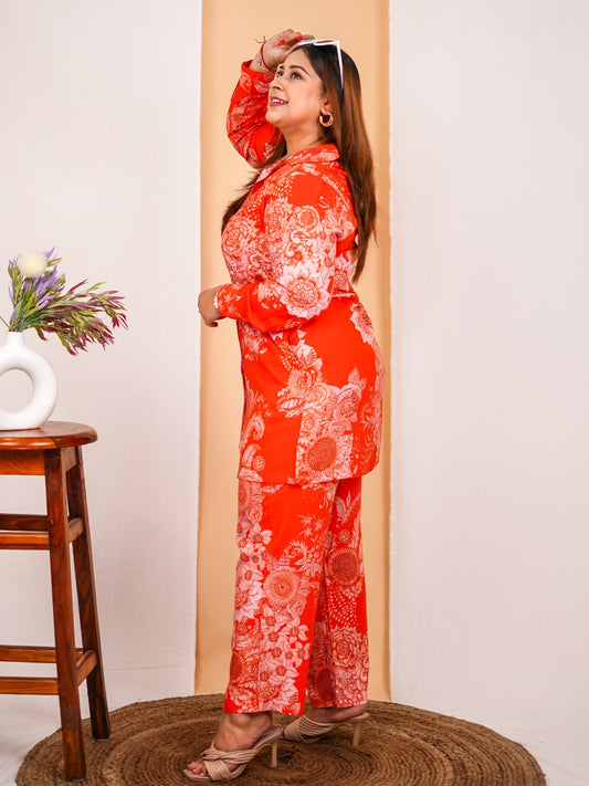 Women's Orange Plus Size V-Neck Floral Cord Sets