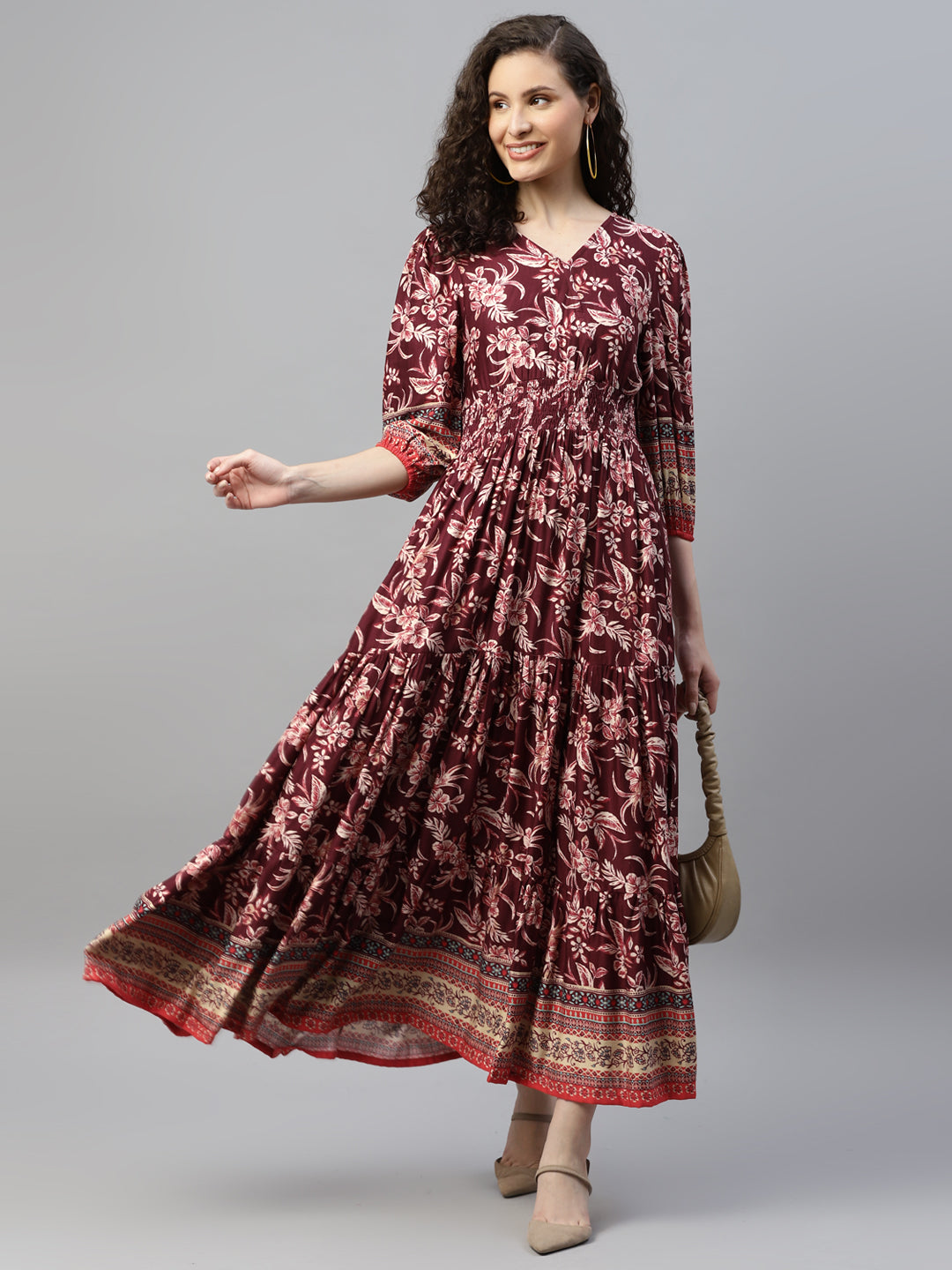 Wine Floral Tiered Women'S Maxi Dress