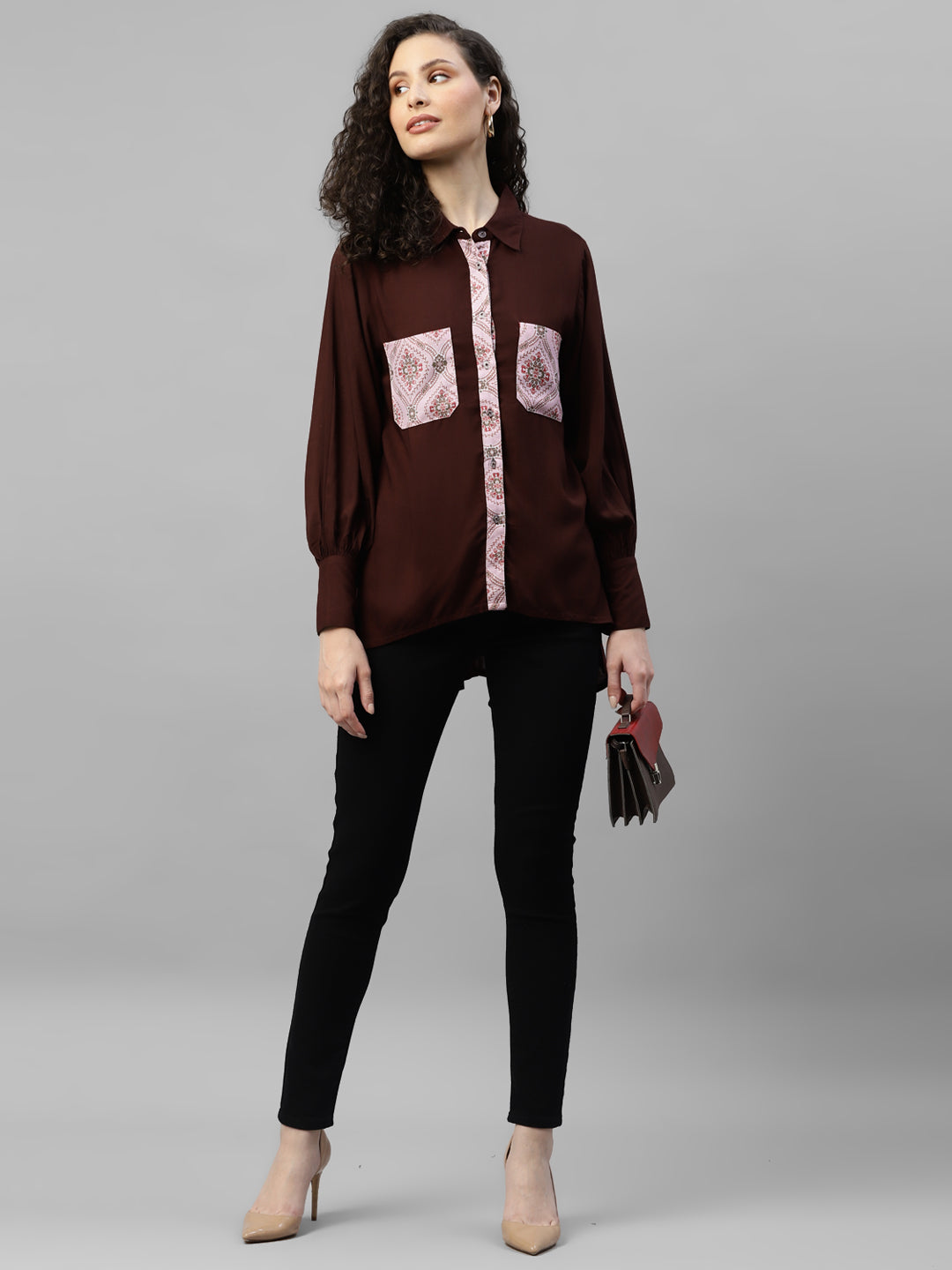 Brown With Printed Pocket Women'S High-Low Shirt