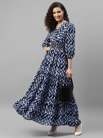 Blue Zig-Zag Printed Women'S Tiered Maxi Dress