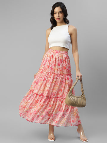 Women's Floral Printed Tiered Maxi Skirt