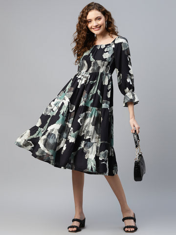 Black Abstract Printed Women Tired Dress