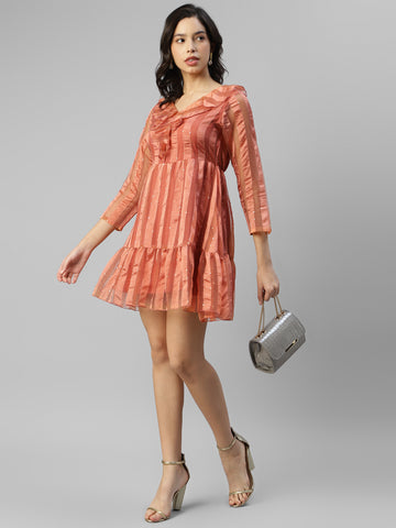 Women's Peach Organza Tiered Short Fit & Flare Dress