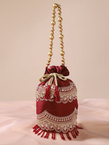 Maroon Embellished Potli With Beaded Handle