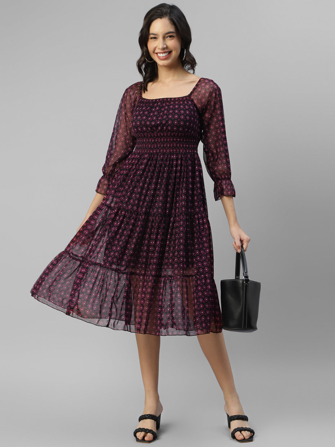 Women's Wine Floral Tiered Fit & Flare Dress