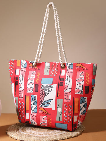Abstract Print Handbag With Rope Handle & Zip Closure