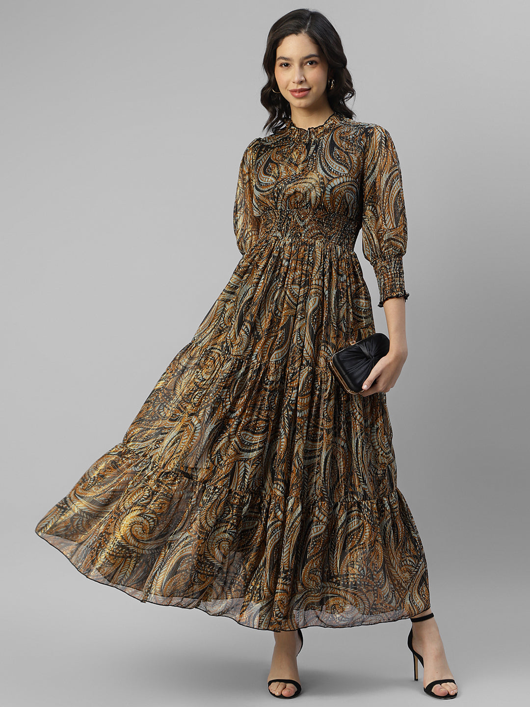 Paisley Print Flounce Sleeve Maxi Dress