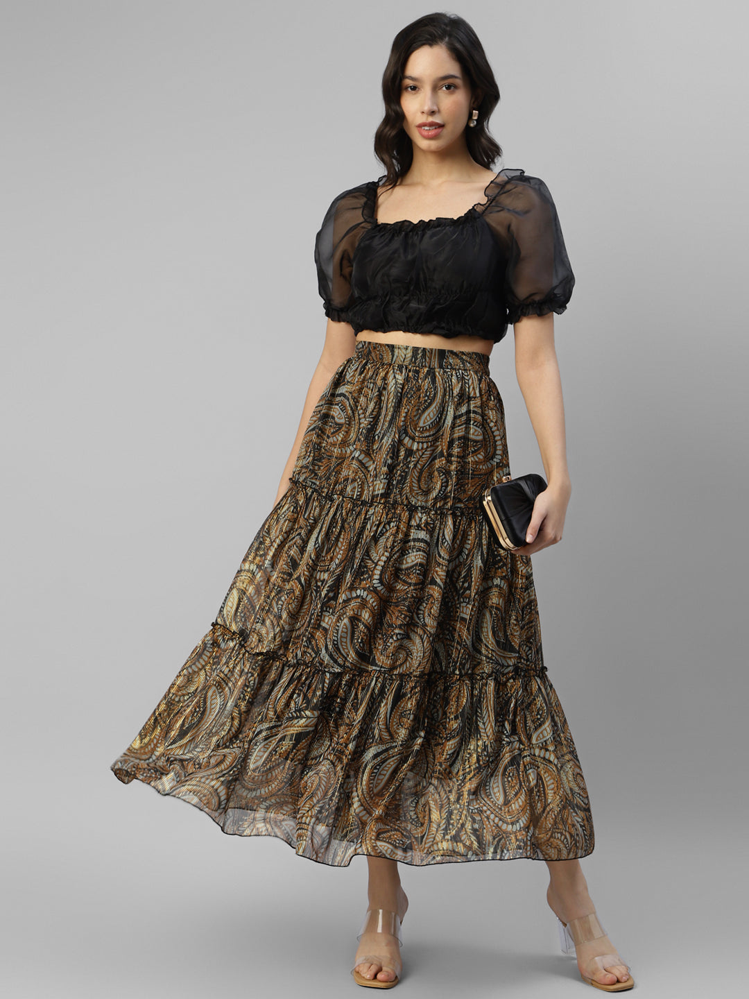 Women's Floral Paisley Printed Maxi Tiered Skirt