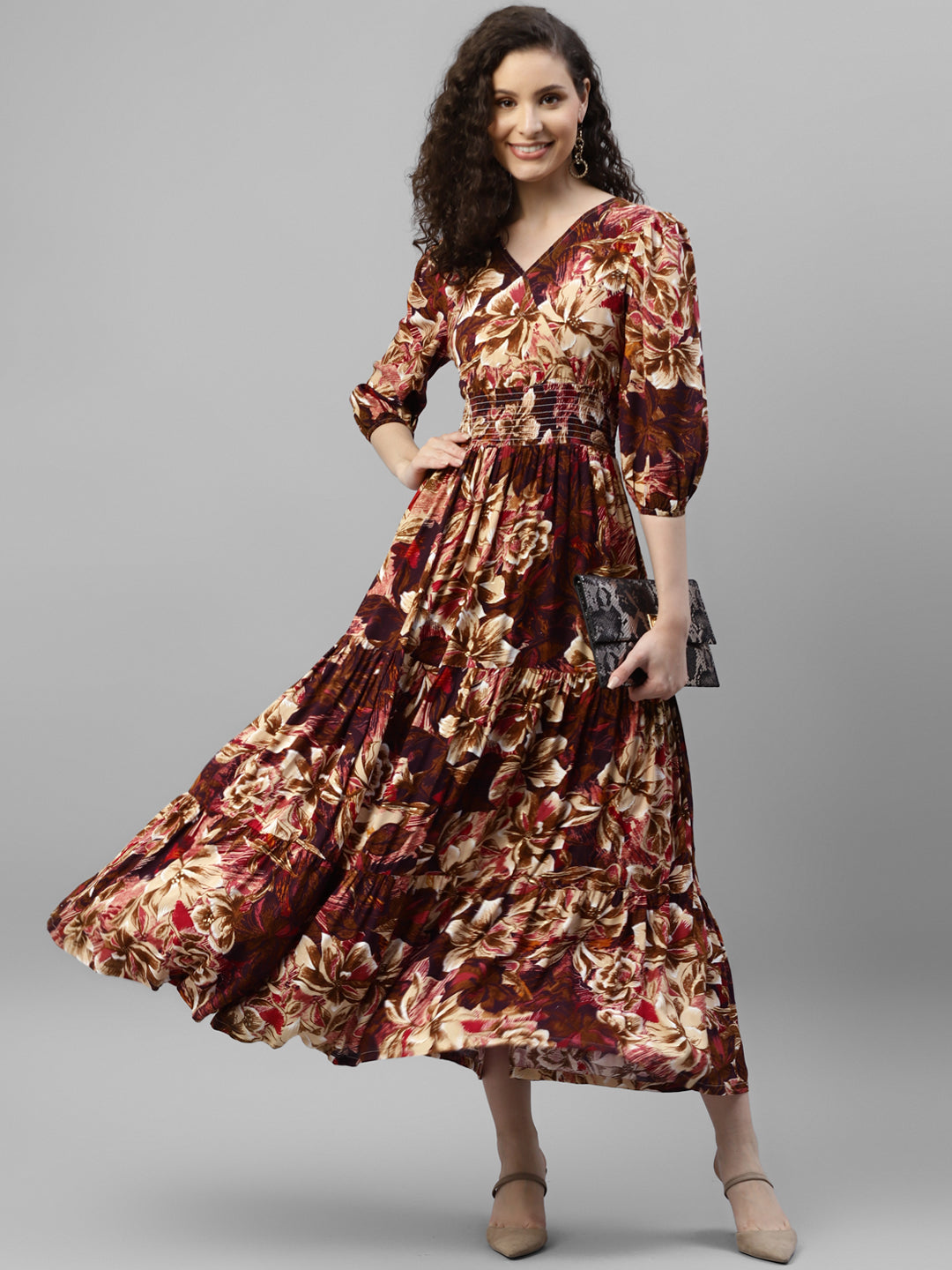 Multicolor Printed Maxi Tiered Dress