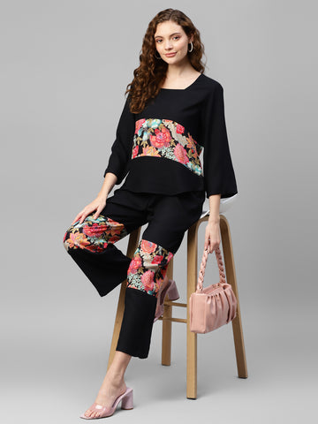 Solid Black With Floral Print Women Co-Ord Set