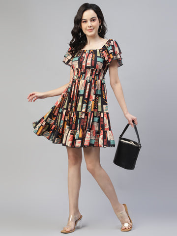 Black Multi Colour Women Tiered Short Dress