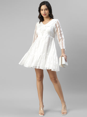 Women's White Organza Tiered Short Fit & Flare Dress