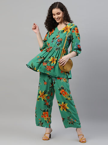 Green Floral Peplum Co-Ord Set