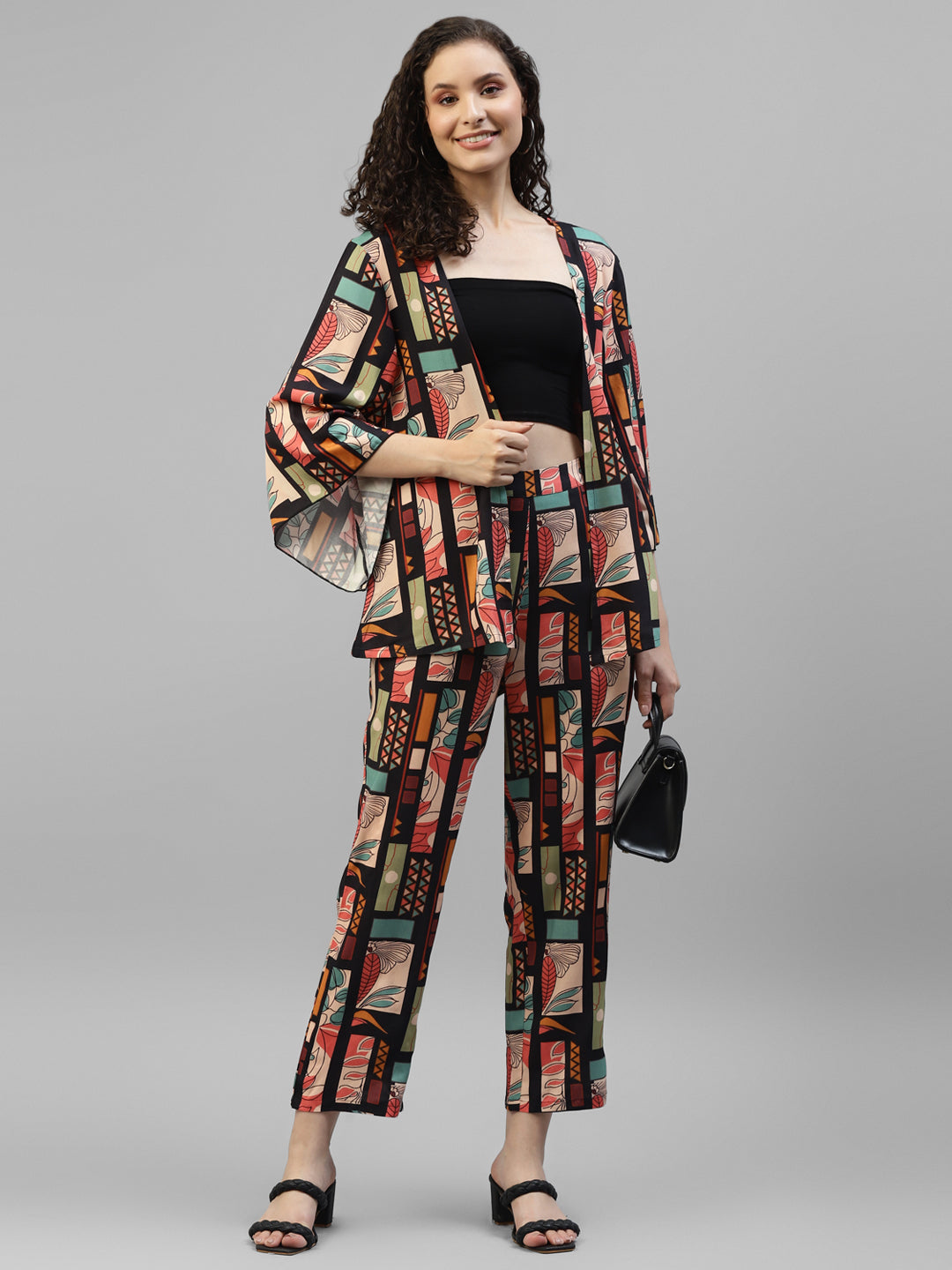 Black Abstract Printed Shrug With Pants Women's Co-Ord Set