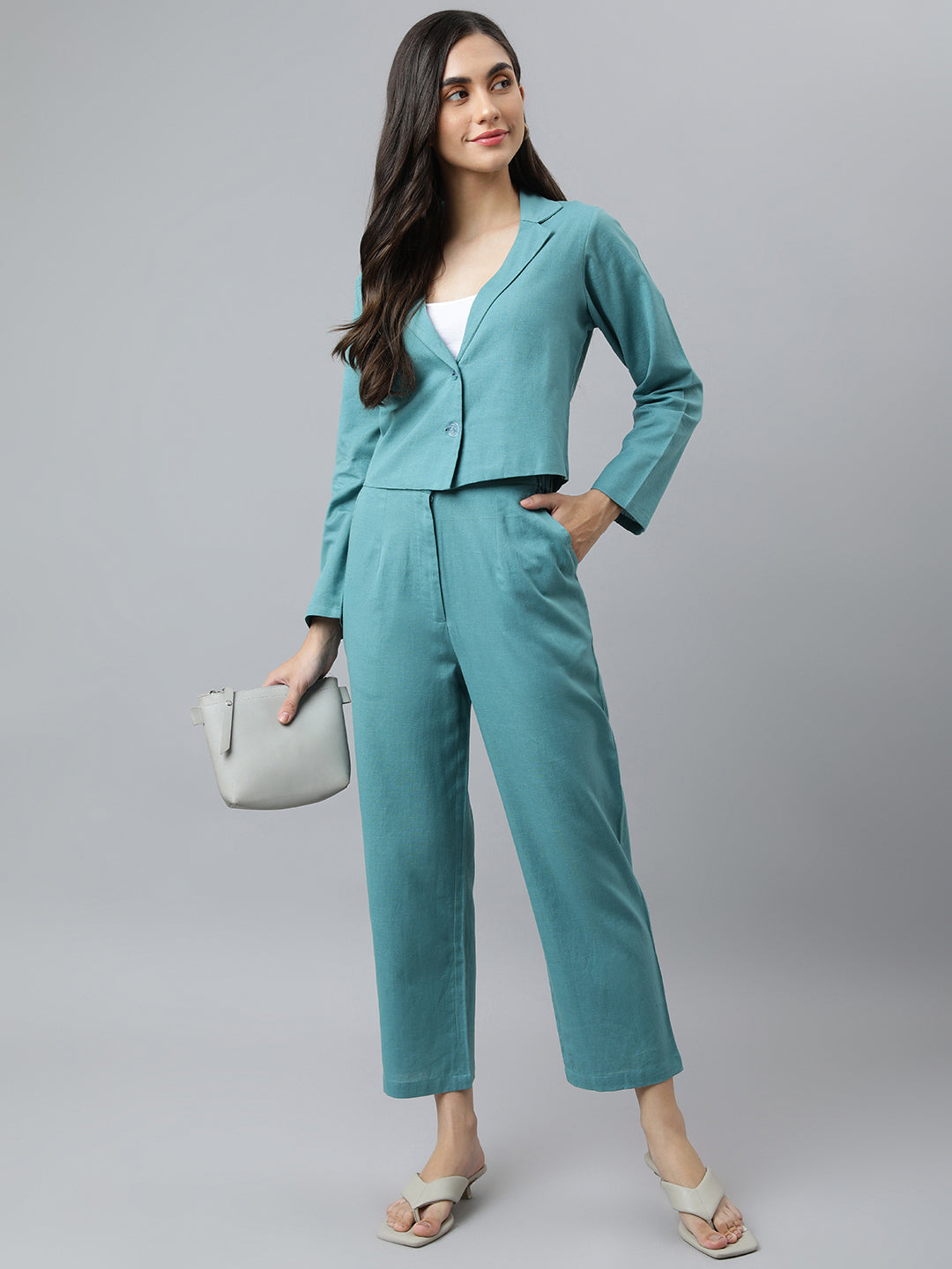 Solid Turquoise Pure Cotton Trousers With Pockets