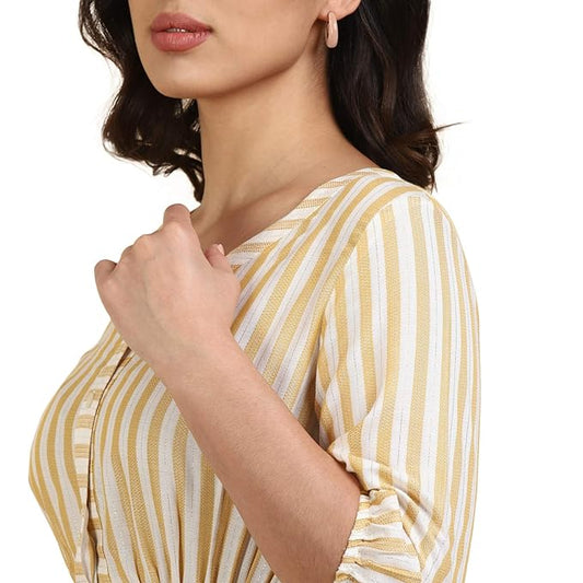 Deebaco Women Yellow Striped Shirt Style Top With Belt Top