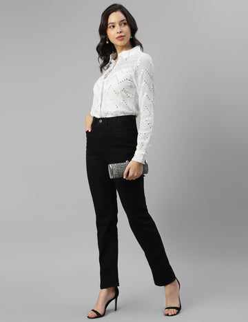 Women's White Georgette Cuff Sleeve Embroidered Midi Shirt