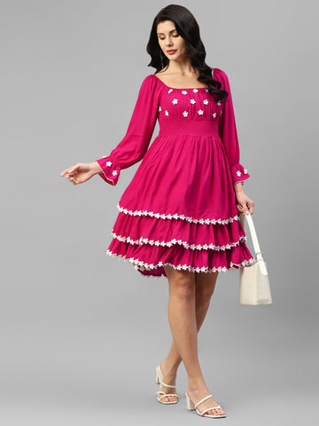 Magenta With White Embroidered Floral Flared Viscose Rayon Women's Dress