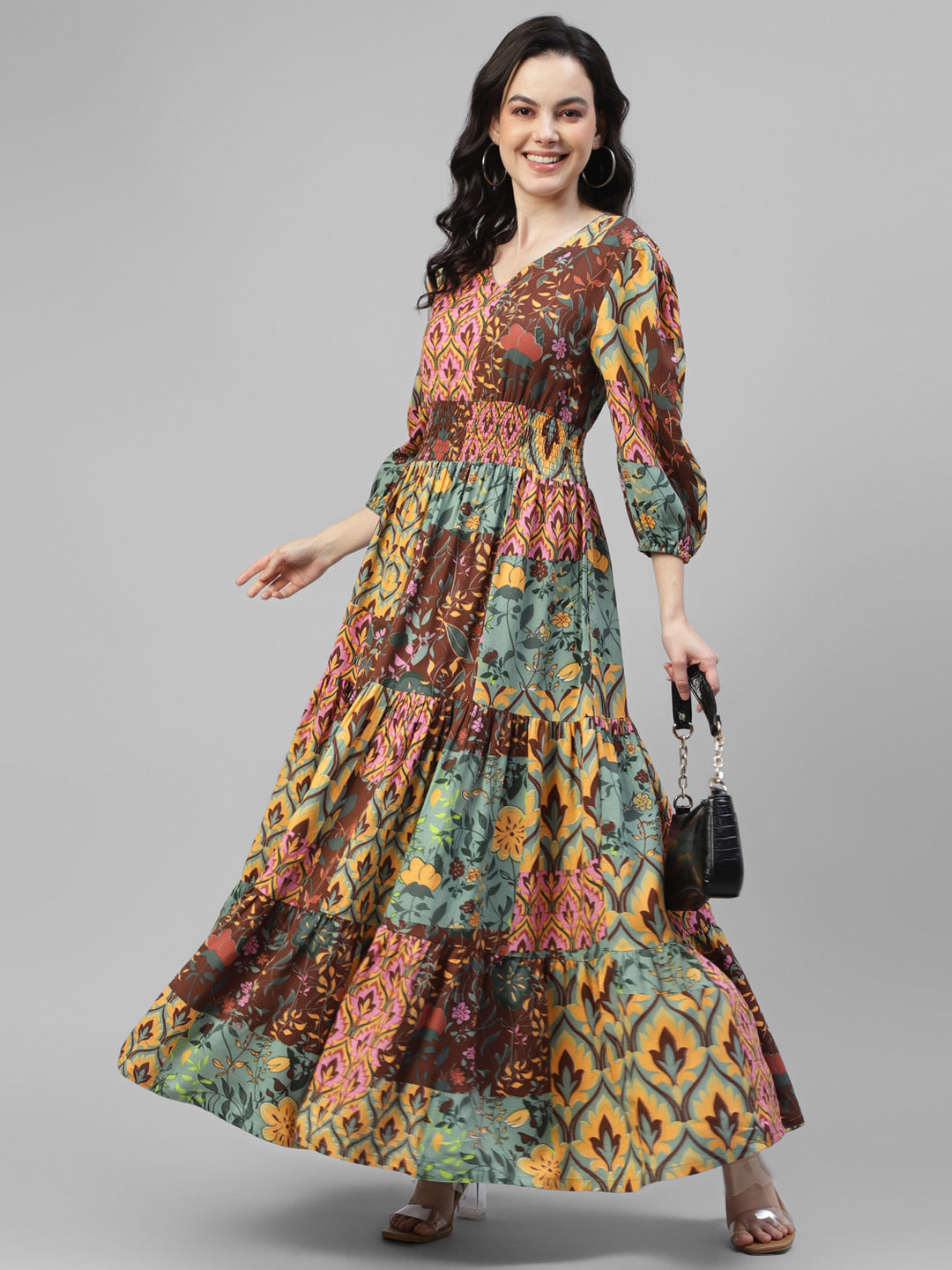 Multi Printed Tiered Women Maxi Dress
