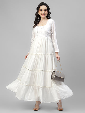 White Embroidered Women Flared Maxi Dress