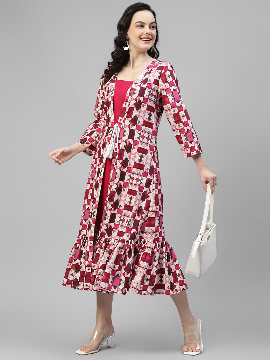 Magenta Midi Dress with Tiered Printed Shrug For Women