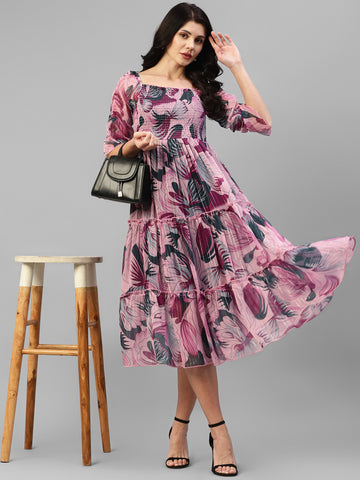 Lavender Multicolor Printed Chiffon With Lurex Smocked Tiered Dress