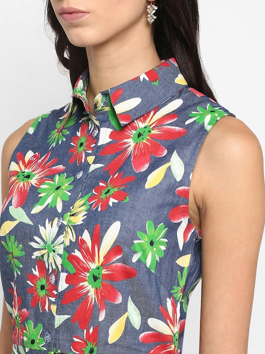 Women Blue Floral Printed Organic Cotton Shirt Dress