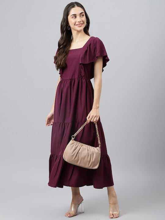 Wine Color Long Tiered Dress