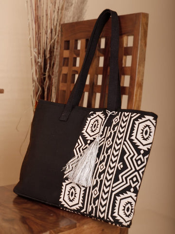 Monochrome Geometrical Jacquard Self Design Tote Bag with Tassel Detail