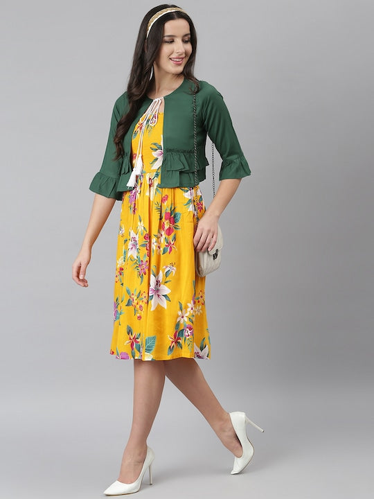 Yellow Floral Printed Tie-Up Neck Fit & Flared Midi Dress