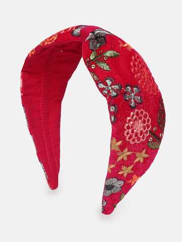 Women's Red Grey Embroidered Embellished Hairband