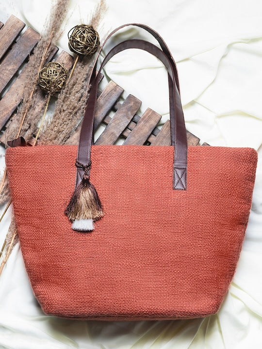 Light Brown Jacquard Self Design Tote Bag with Tassel Detail