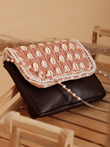 Pink and Brown Jacquard Self Design Embellished Sling Bag
