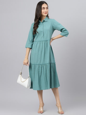 Sea Green Collared Tiered Dress