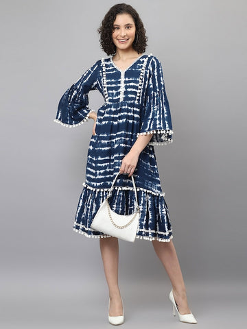 Navy Blue White Tie & Dye Printed Fit & Flare Dress