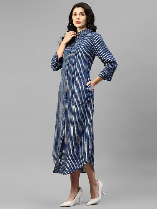 Blue Striped Viscose Rayon Women's Shirt Dress